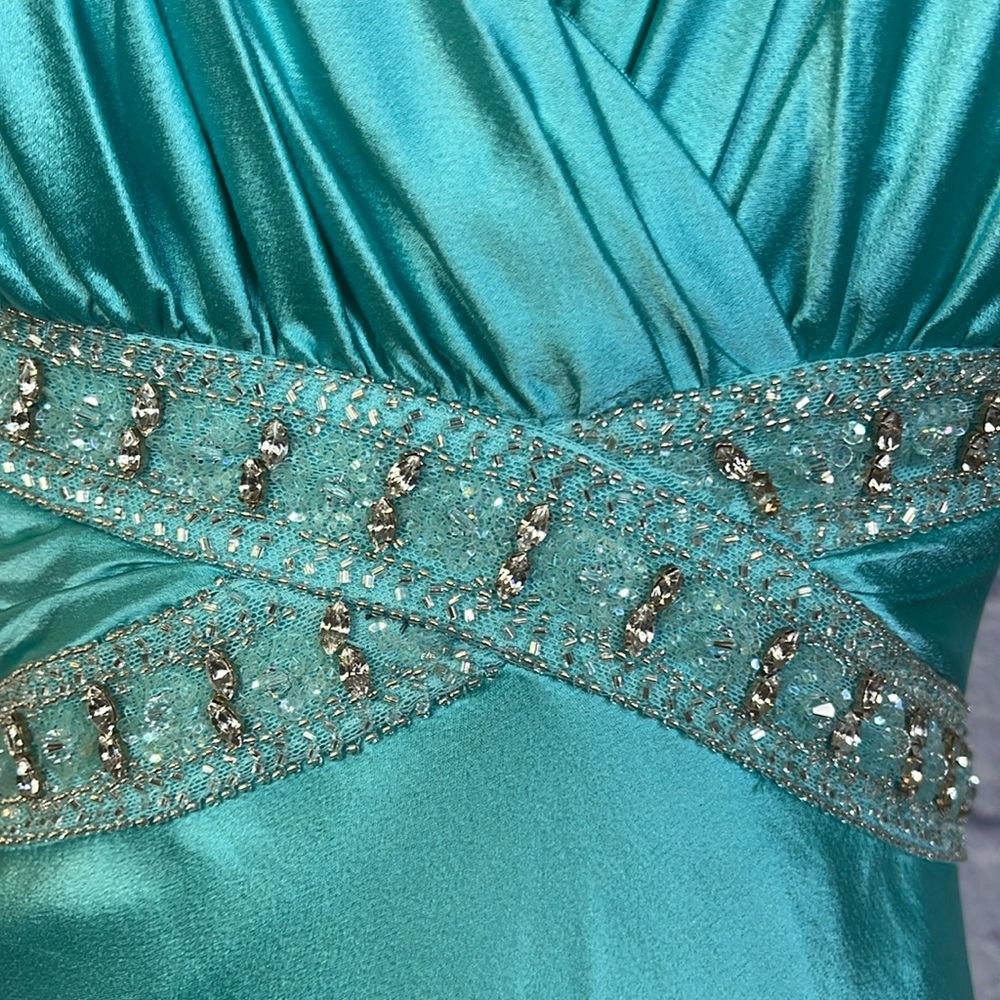 Badgley Mischka Aqua Sleeveless Y2K Stretch Prom Wedding Gown Formal Dress Sz 0 - Picture 9 of 15